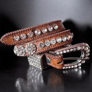 Shyanne Girls' Belt Sz 26 Ostrich Print Rhinestone K501 Crystal Brown Silver